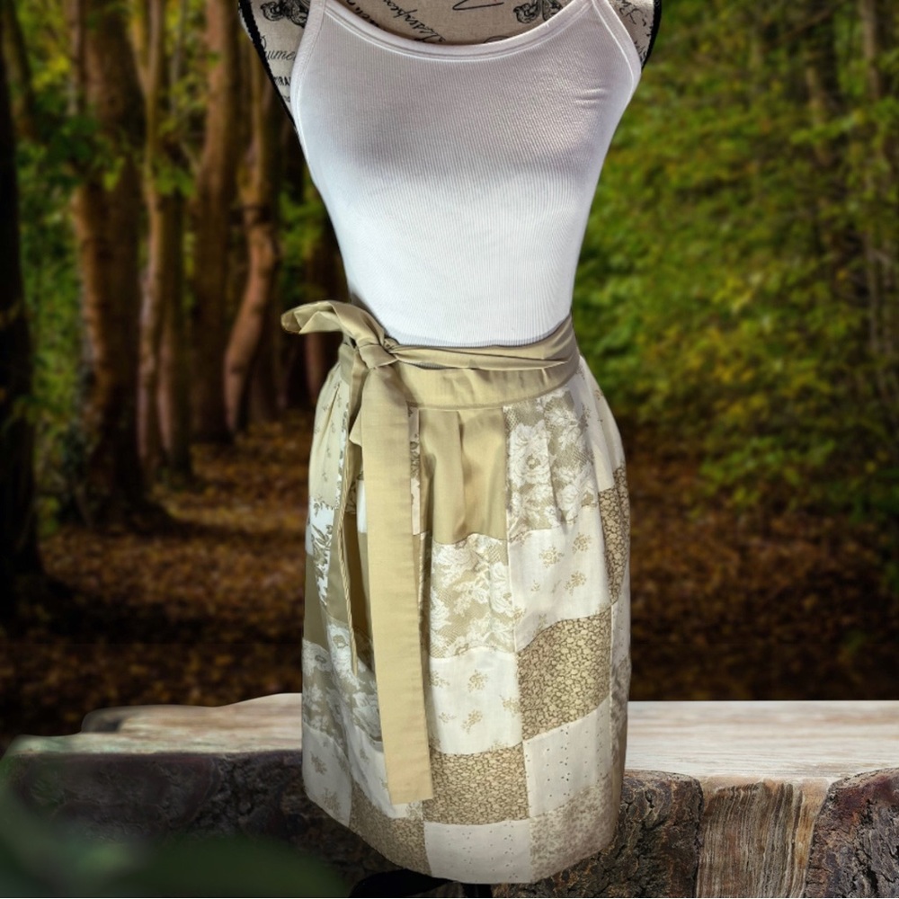 70s Brown Patchwork Dress, Pleated Skirt XS